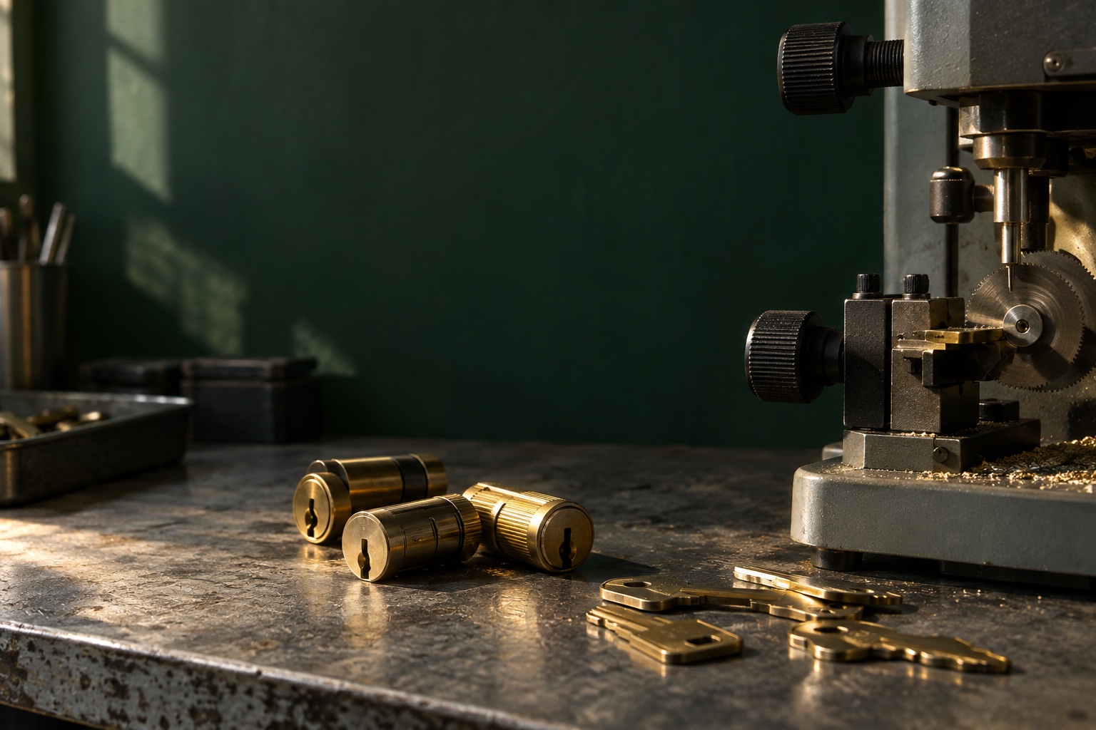 Brass lock cylinders and key blanks on a workbench beside a key-cutting machine